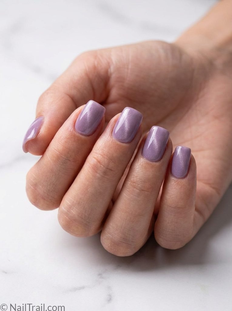 simple cat eye summer nails purple shimmer short square magnetic glossy elegant subtle