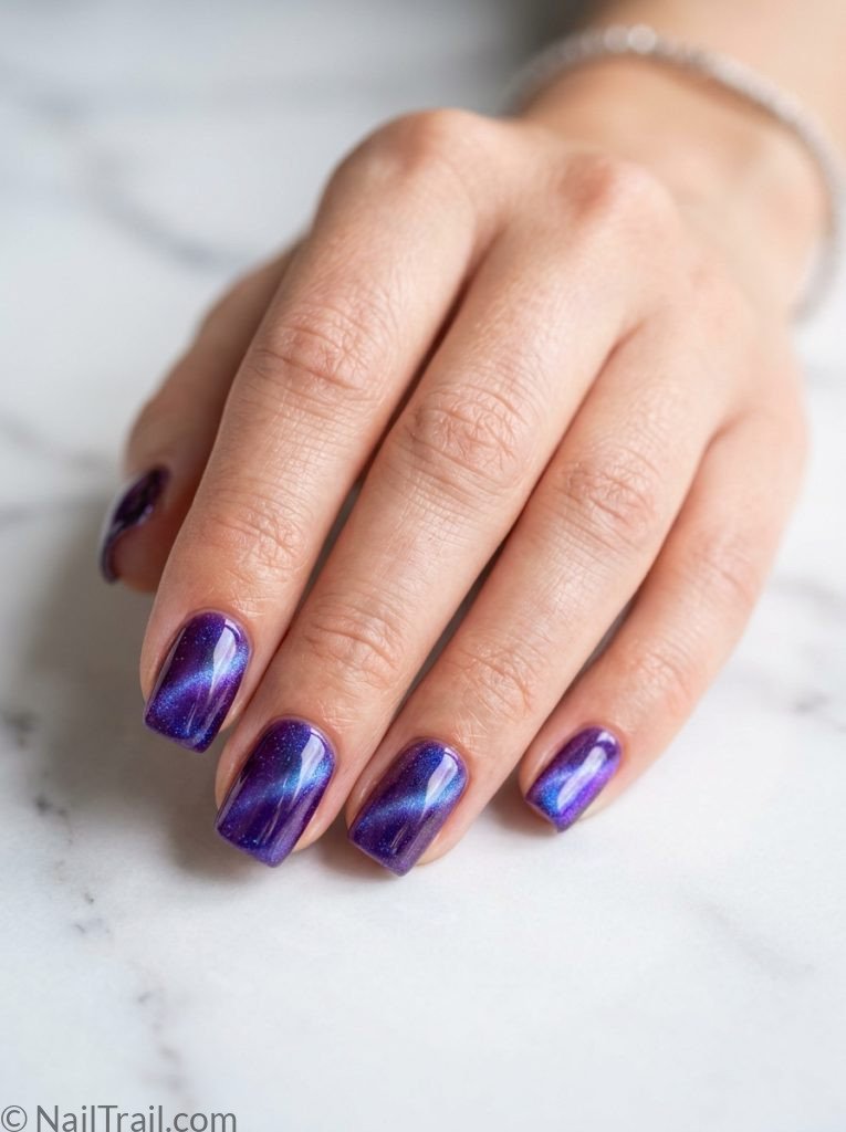 cat eye summer nails square purple blue shift aurora magnetic glossy magical dimensional ethereal