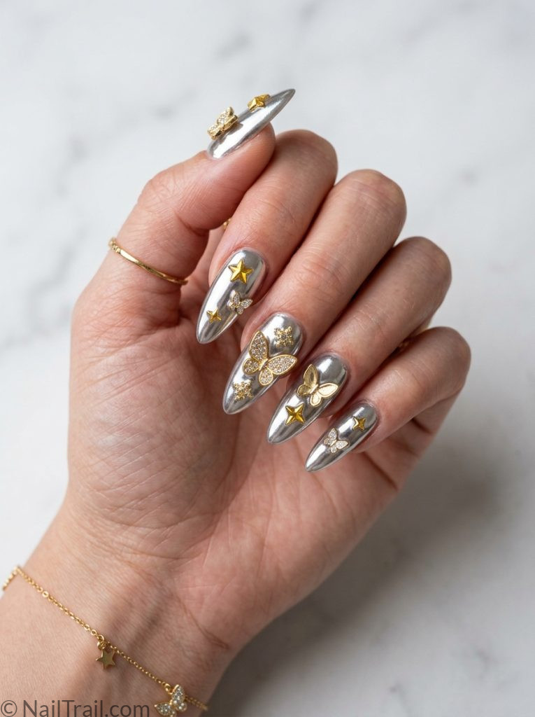 y2k baddie nails chrome silver almond star gems butterfly charms glossy
