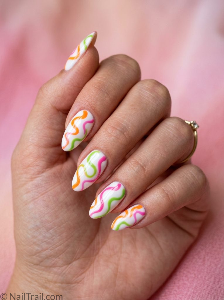 simple funky almond nails white squiggle line art orange pink green glossy