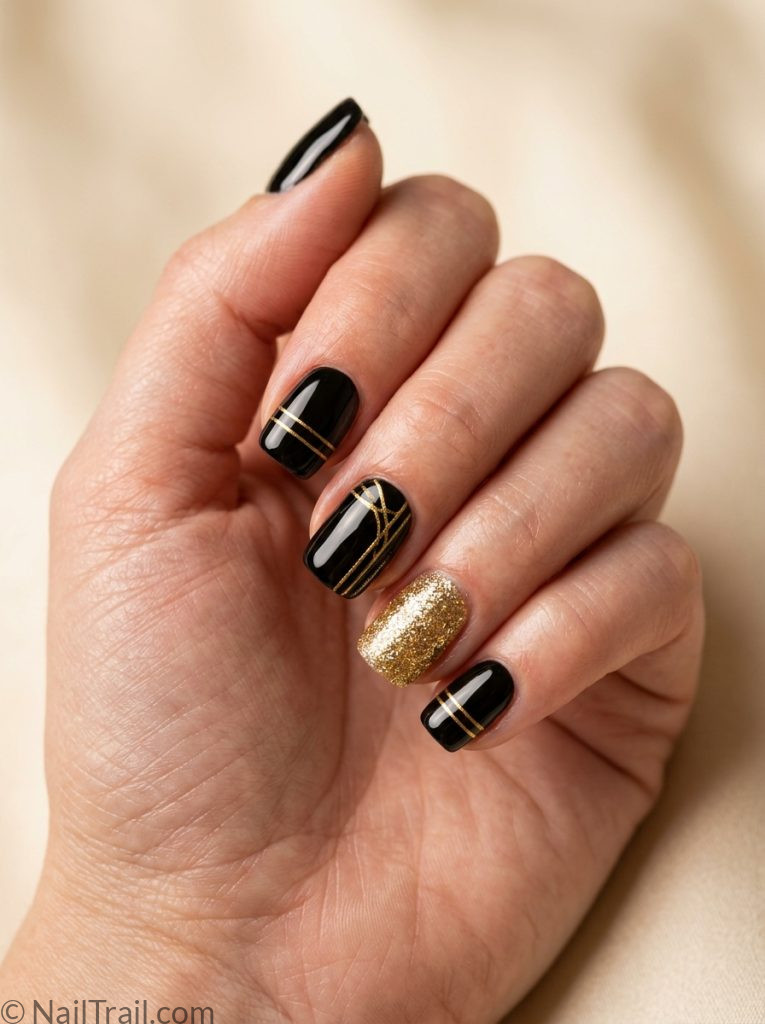  bruno mars concert nails black gold glitter accent short square glossy stage ready