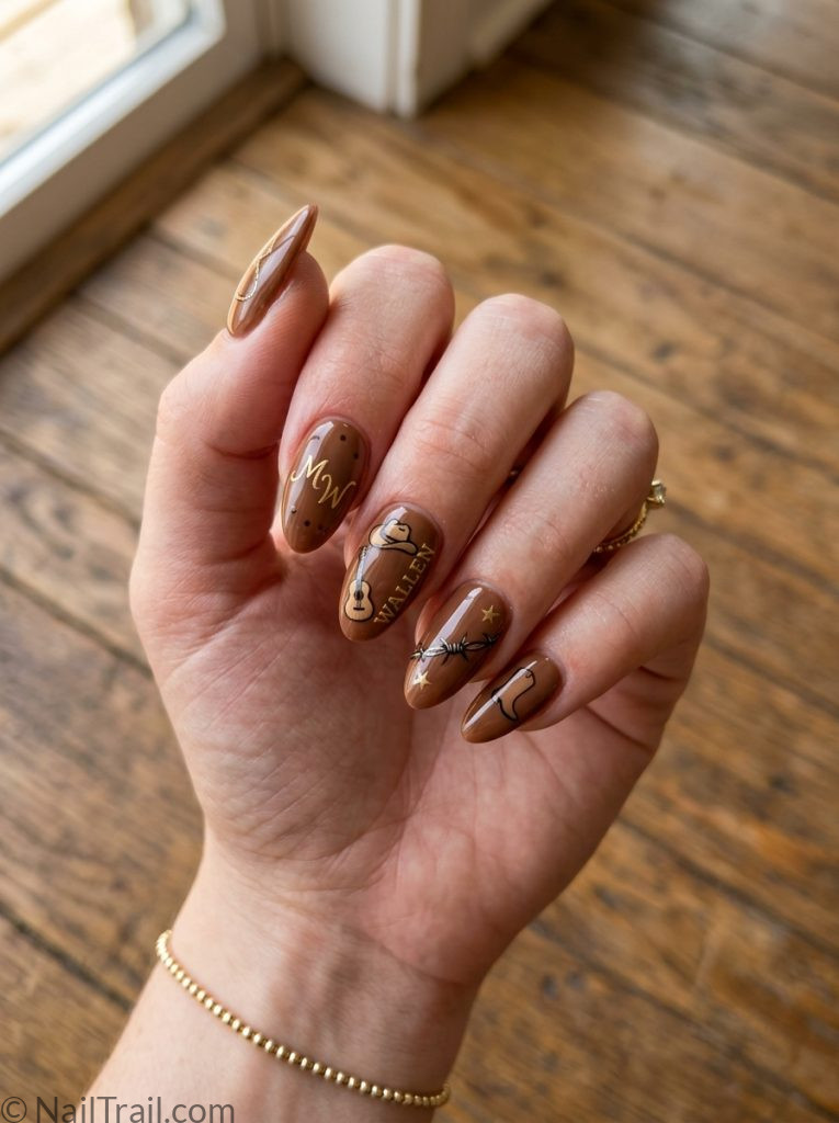 morgan wallen concert nails full matching warm brown gel almond glossy cohesive country show