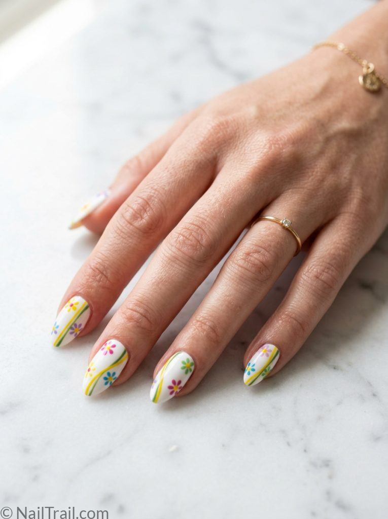 spring funky nails white daisy stripe yellow green almond glossy