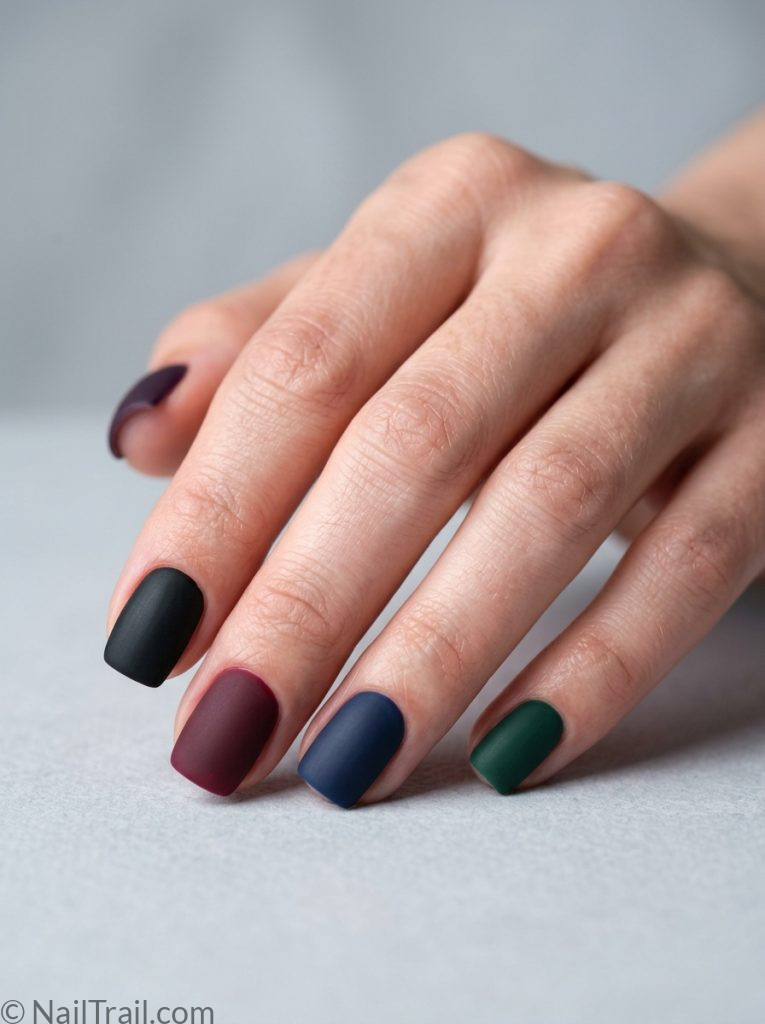 alt baddie nails multicolor mismatch dark matte short square