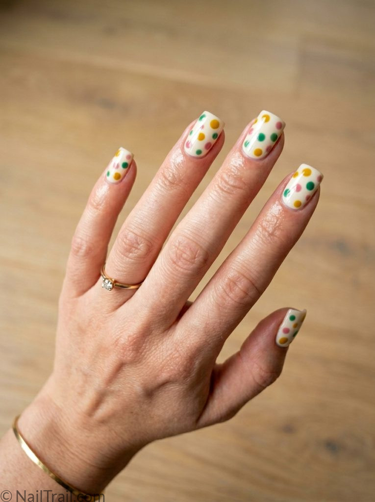 simple funky nail ideas retro dots cream mustard orange green pink square glossy