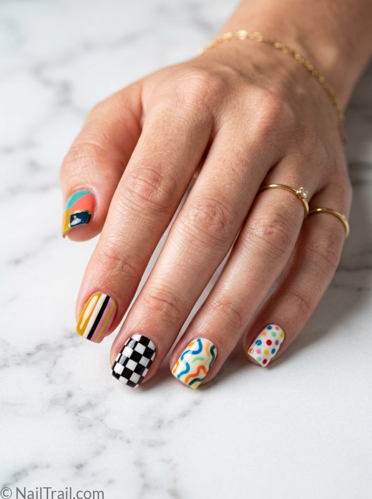 simple funky nails full statement set stripes squiggles checkerboard dots short square glossy