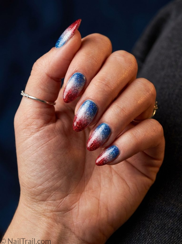 memorial day nails red white blue glitter ombre almond sparkle glossy