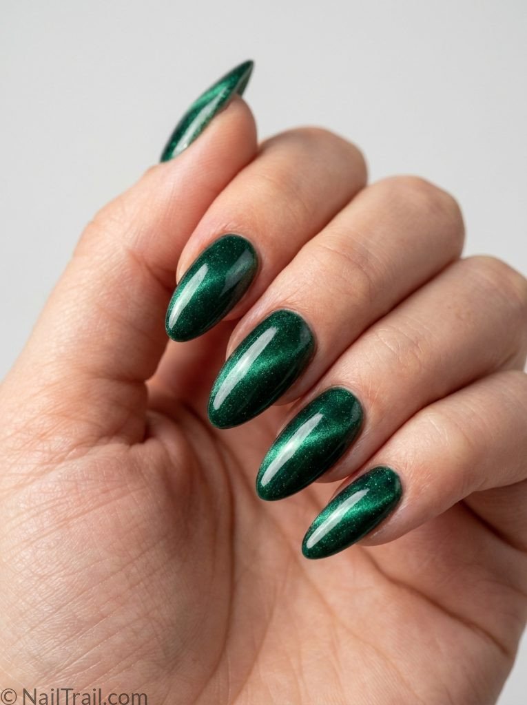 green cat eye summer nails emerald magnetic almond multidimensional shimmer glossy striking