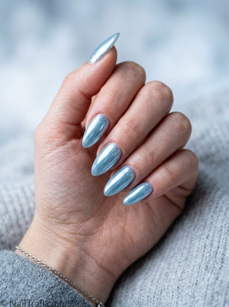 winter baddie nails icy blue chrome almond silver glitter glossy
