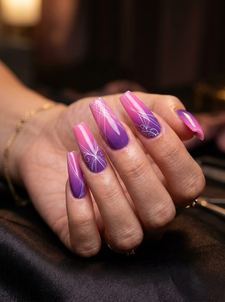 long funky nails coffin gradient purple pink ombre white line glossy
