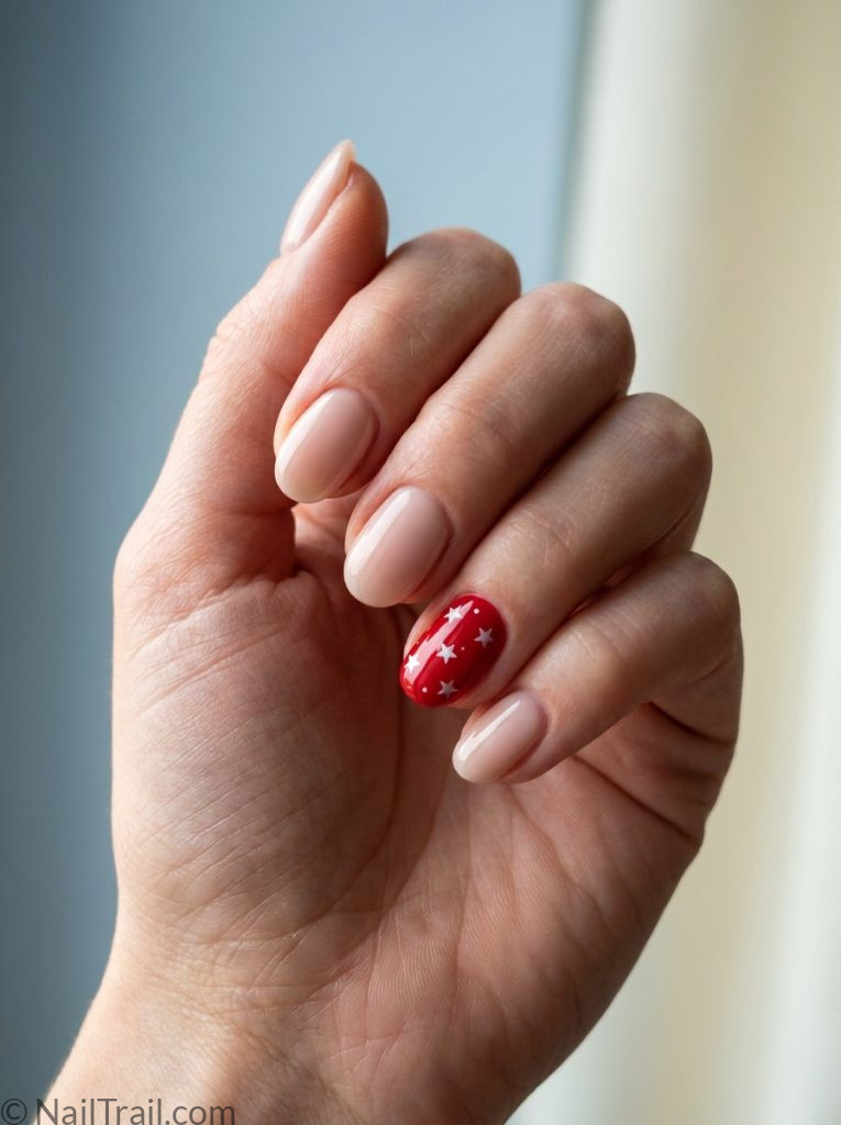 subtle memorial day nails nude base red accent white star short oval glossy