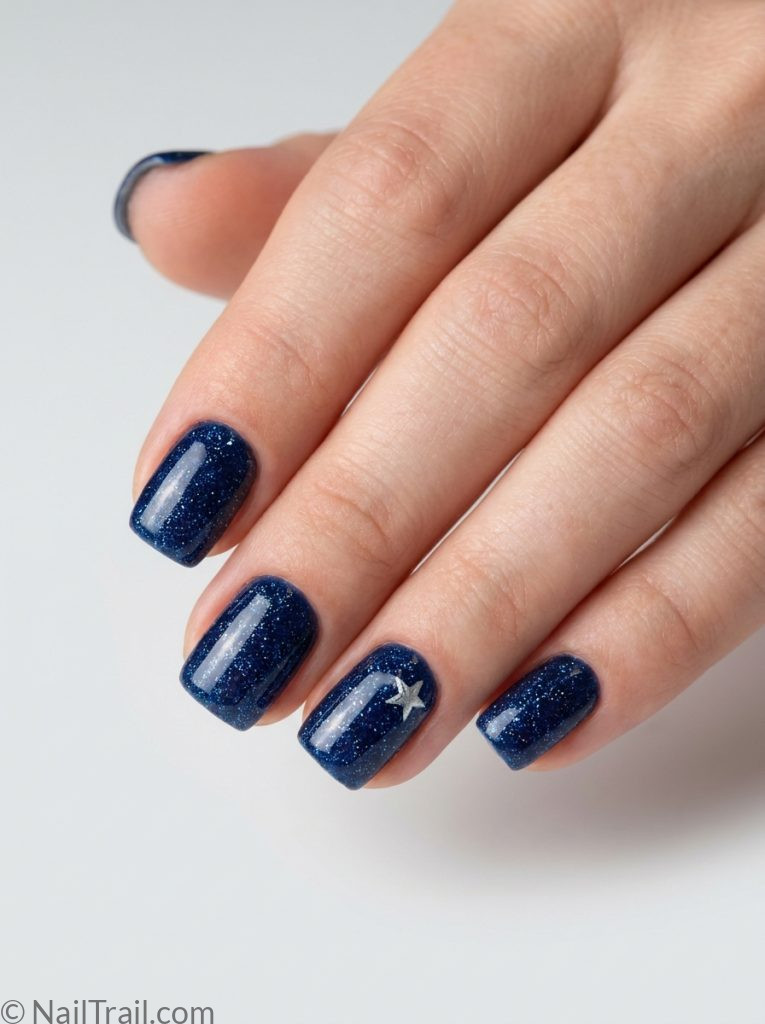 memorial day nails navy blue glitter short square silver star accent glossy