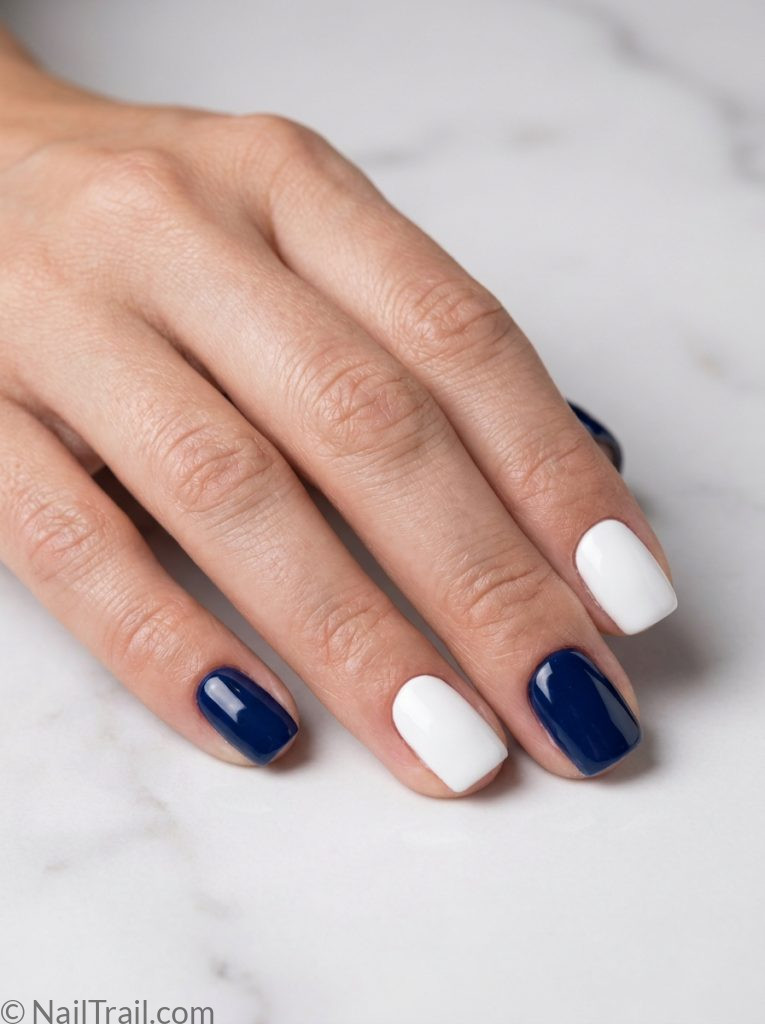 simple memorial day gel nails navy blue white short square glossy clean