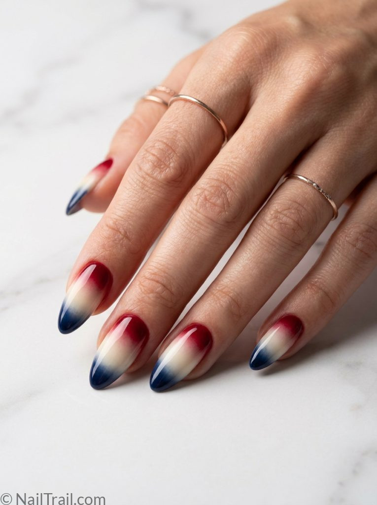 memorial day nails almond ombre gradient red white blue glossy