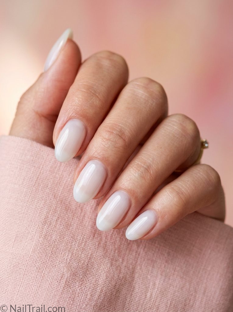 basic baddie nails milky white sheer gel oval glossy translucent