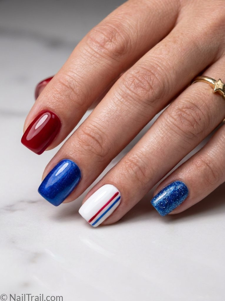 memorial day nails classic red white blue short square gel glossy