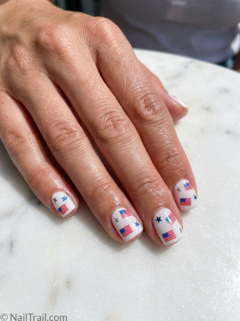 Close-up macro shot of a single elegant feminine hand with memorial day nails β white base with patriotic nail sticker details featuring stars and stripes, short square shape, glossy finish, realistic skin texture, white marble background, bright natural lighting, photorealistic, 8k, salon quality manicure