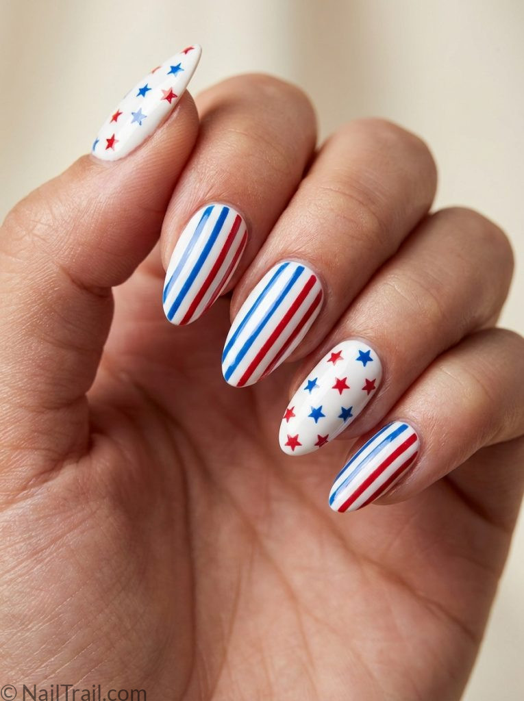memorial day nails stamping white base red blue stars stripes almond glossy