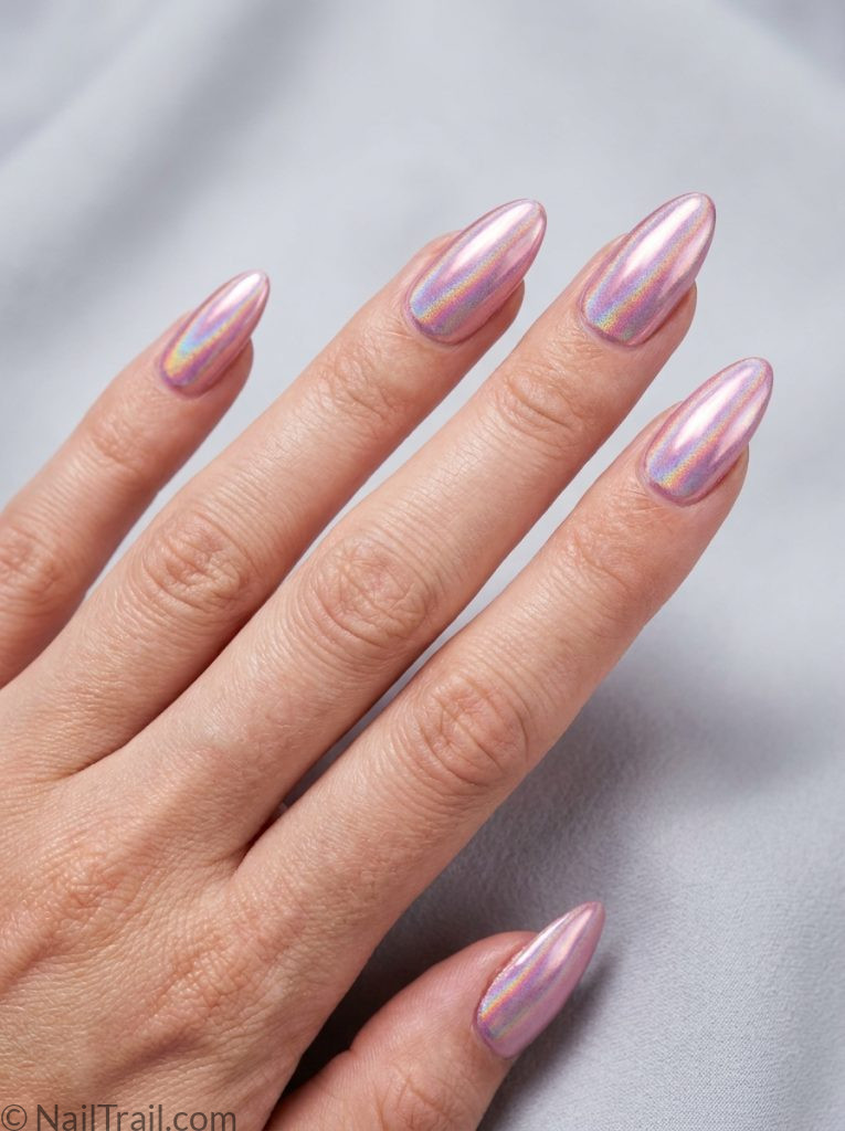 trendy summer nails 2026 pink holographic chrome almond rainbow shift mirror glossy
