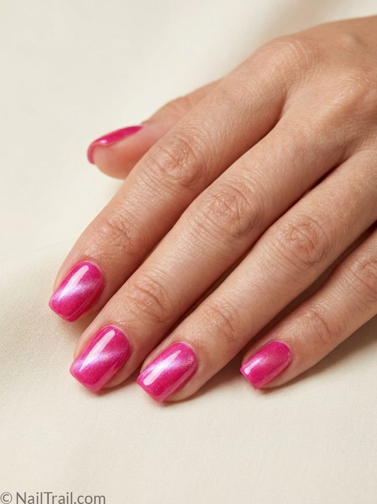 cat eye summer nails design pink shimmer short square magnetic aurora glossy vibrant