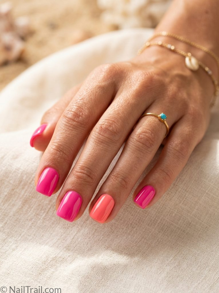 pink colorful beach nails hot pink coral duo short square glossy vibrant warm bold summer