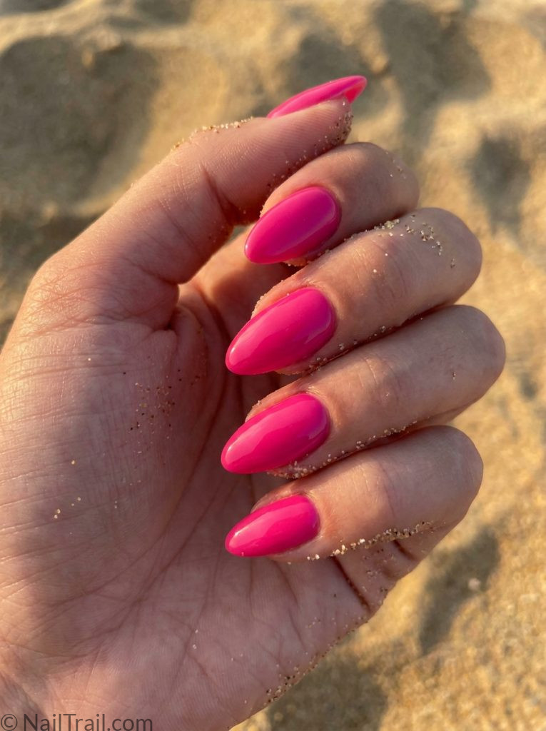 summer vacation nails pink glazed almond high shine glossy vibrant bright travel summer