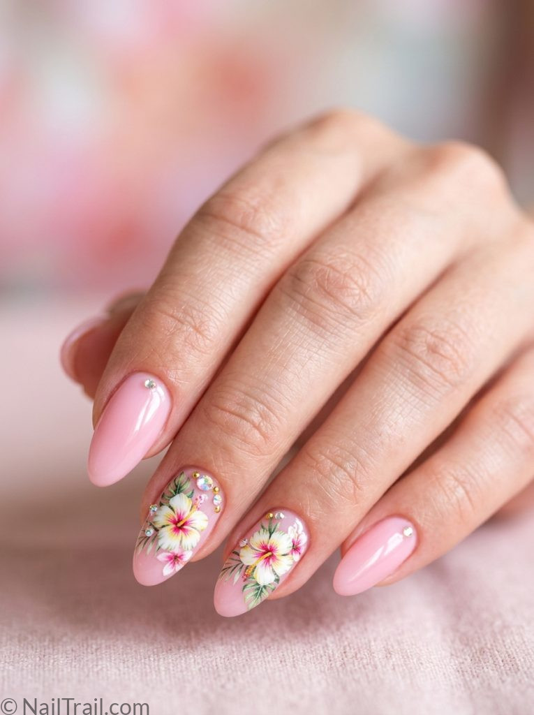 vacation nails inspo flower gem pink almond tropical sticker rhinestone glossy romantic feminine