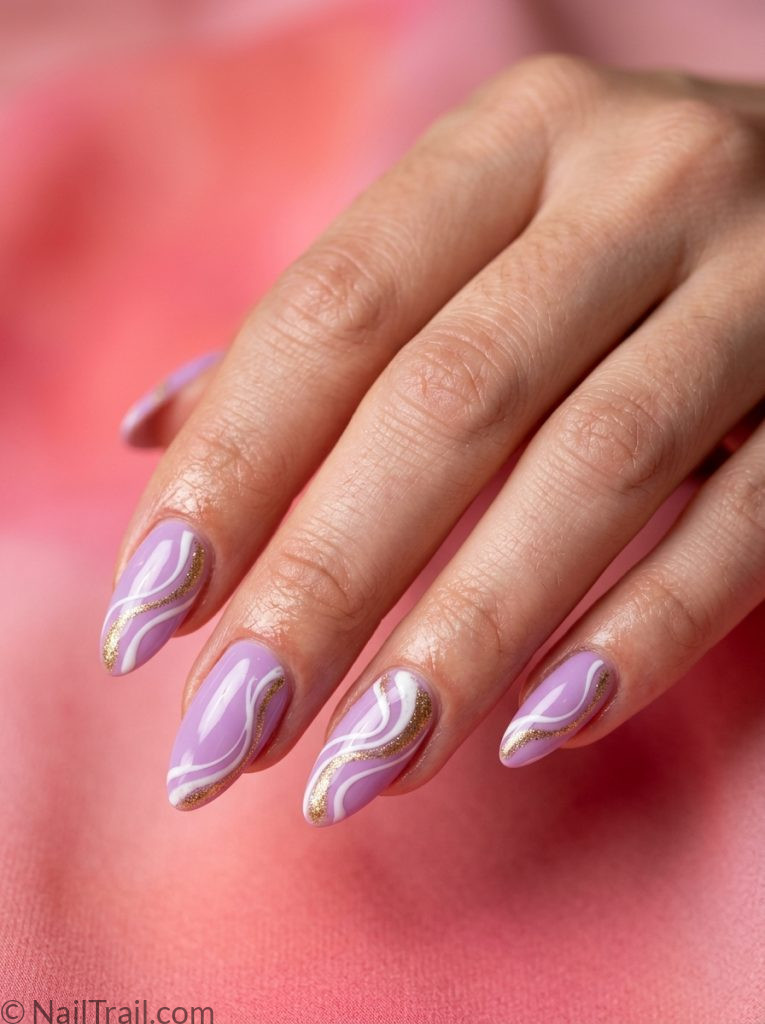 purple funky nails soft lilac white gold swirl almond glossy