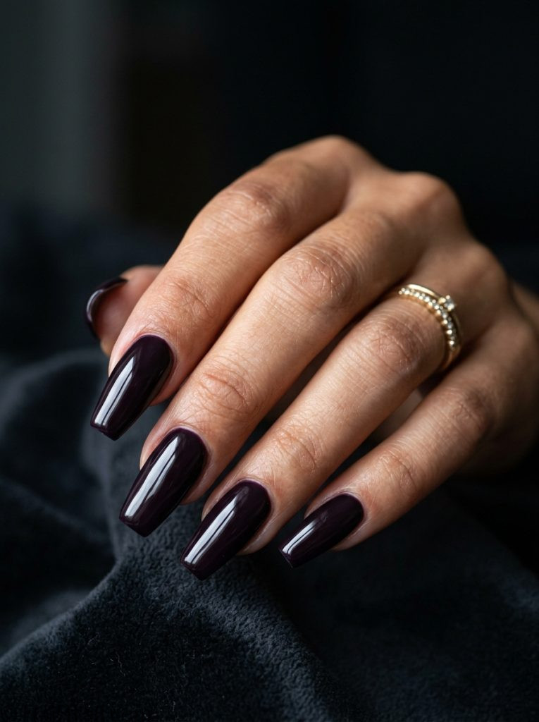 purple baddie nails deep dark plum coffin glossy moody