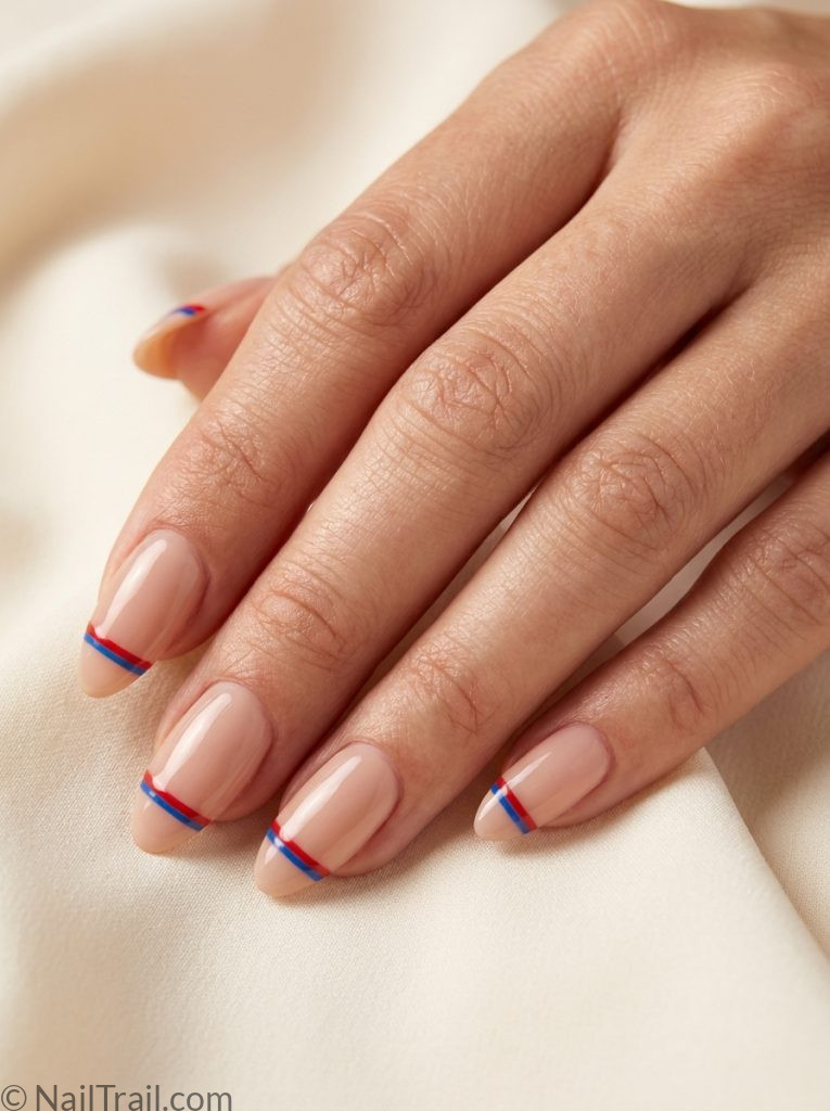 simple memorial day nails nude base red blue stripe almond glossy subtle