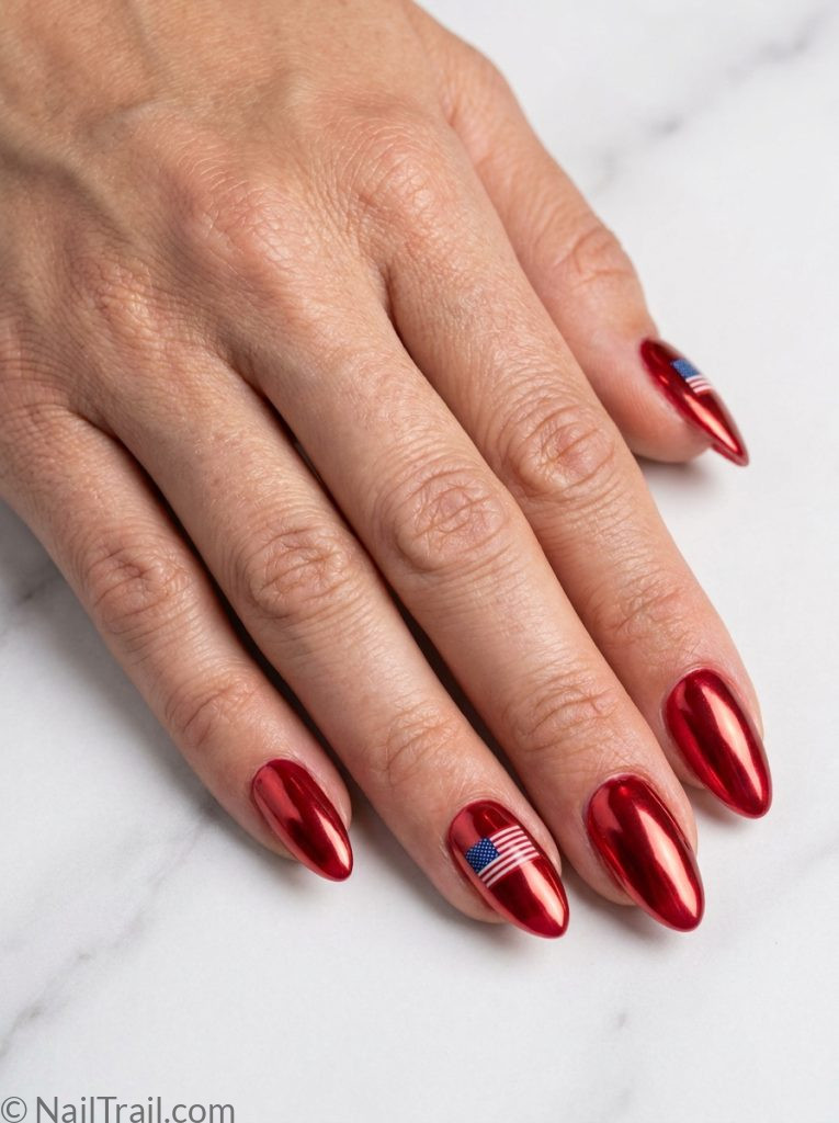 memorial day gel nails red chrome mirror almond glossy metallic