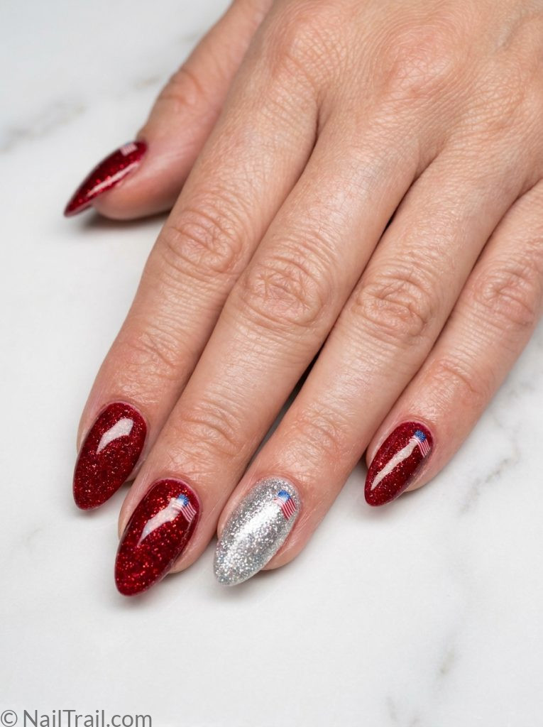 memorial day nails red glitter gel almond silver accent glossy