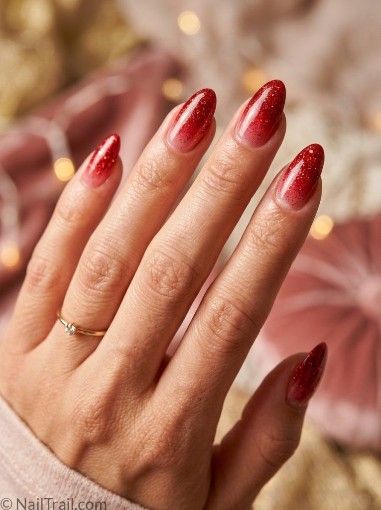 bruno mars romantic nails red glitter ombre almond tip to base glossy sparkling