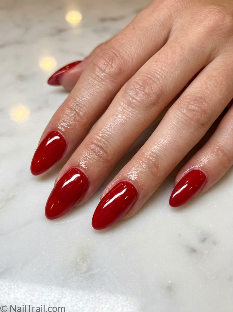 easy bruno mars nails red glazed almond mirror shine glossy effortless romantic