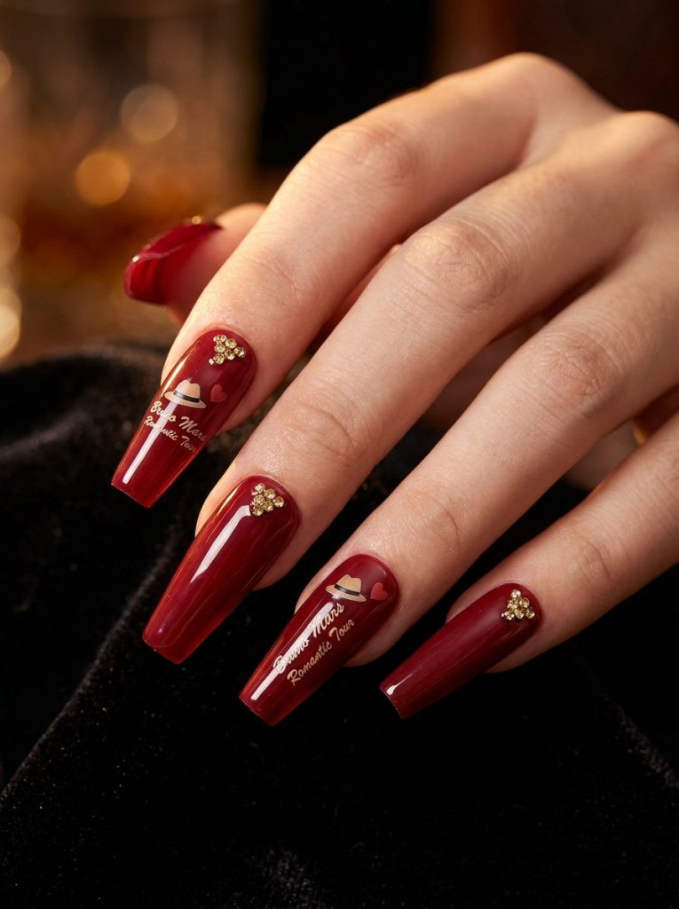  bruno mars romantic tour nails full glam red coffin gold rhinestone scattered glossy maximalist