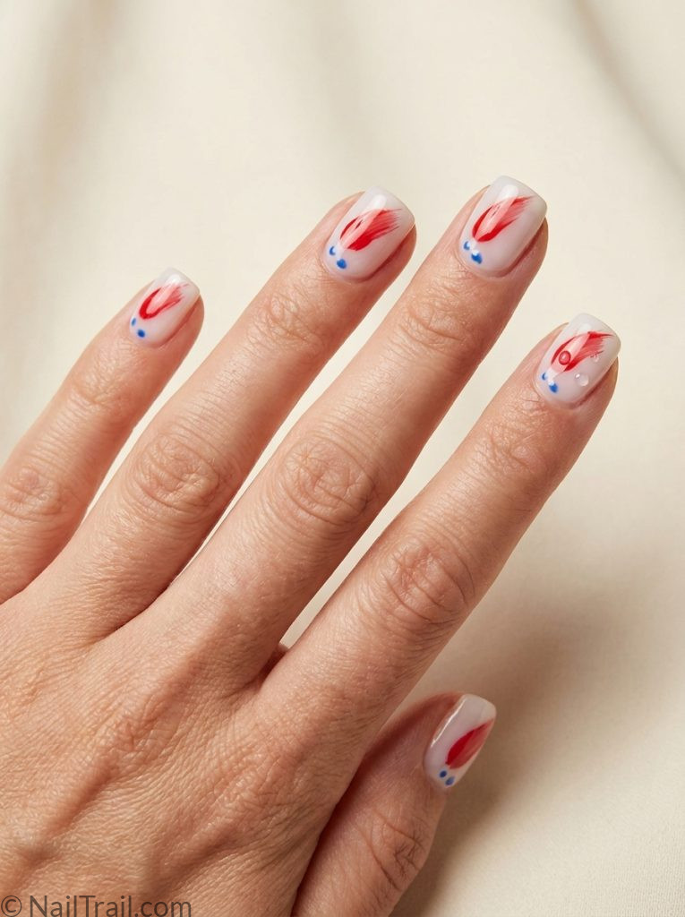 memorial day gel nails short white base red abstract blue dots square glossy