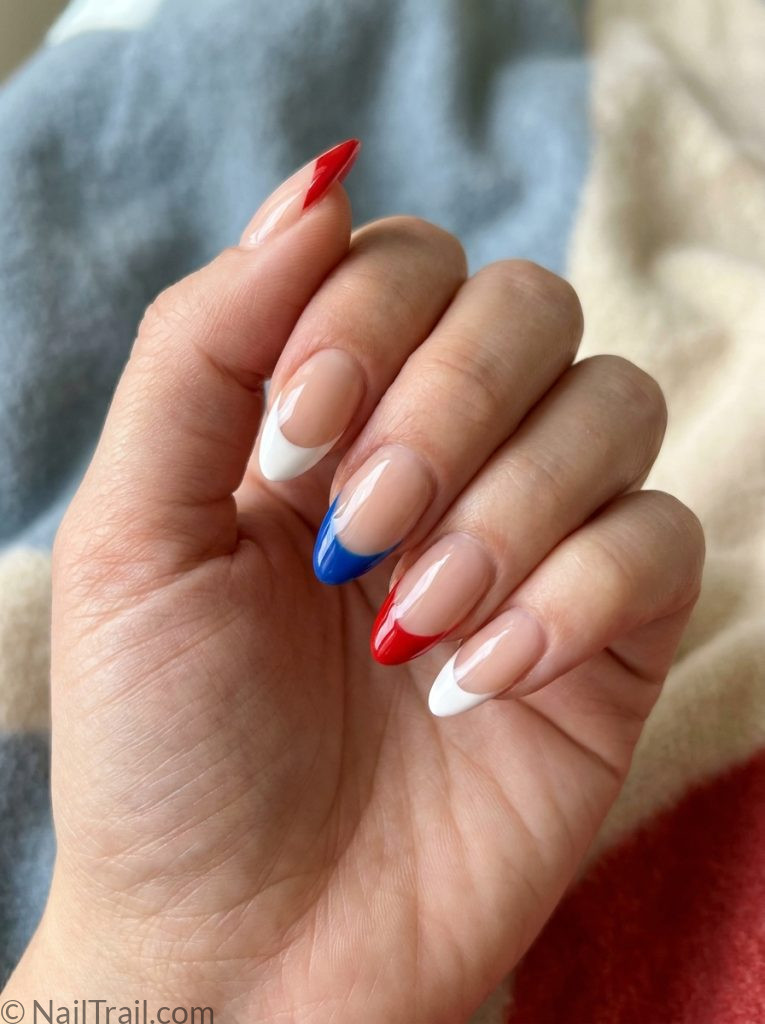 memorial day nails red white blue french tip mismatched almond glossy