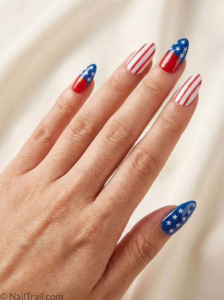 memorial day press on nails red white blue star stripe almond glossy