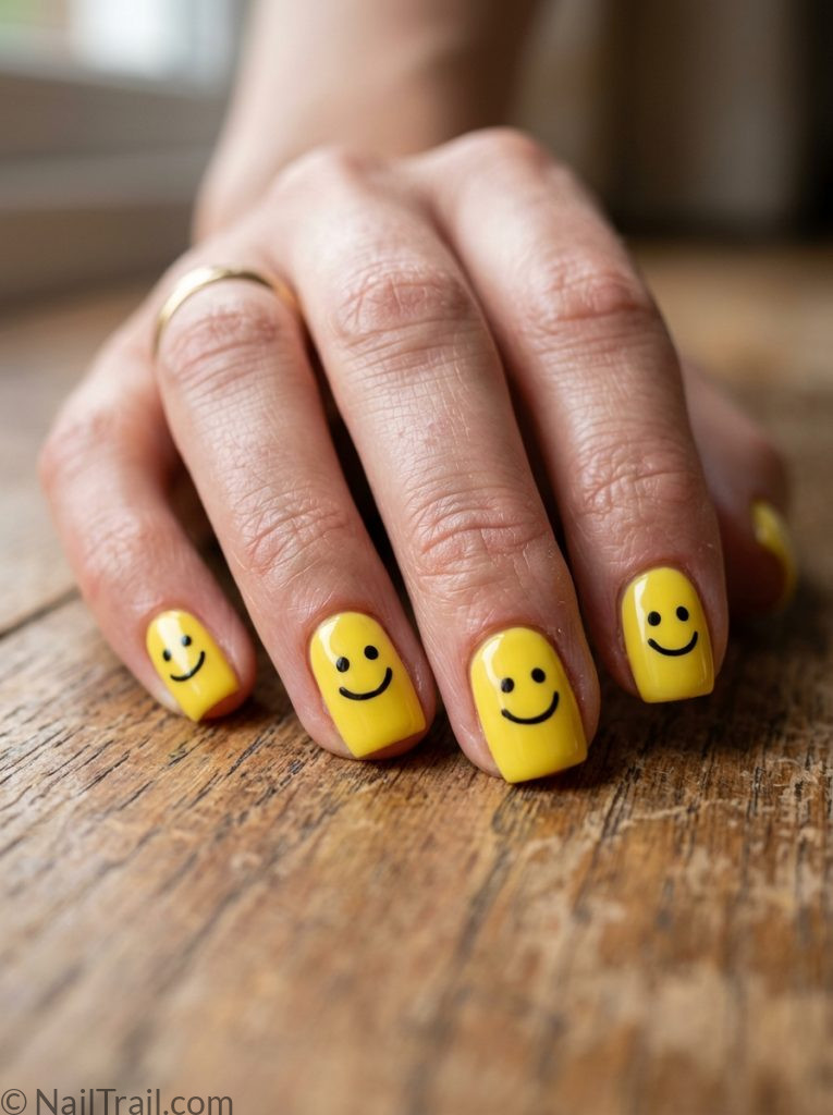 cute funky nails yellow base smiley face short square glossy