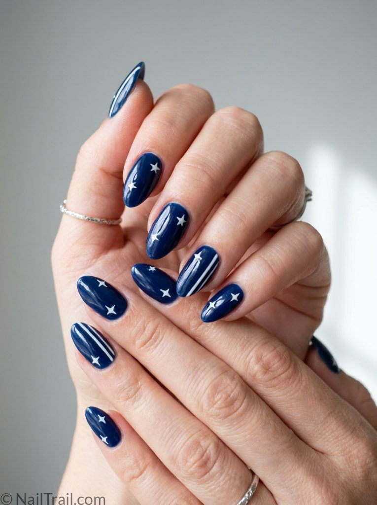 memorial day nails navy blue white star nail art almond glossy