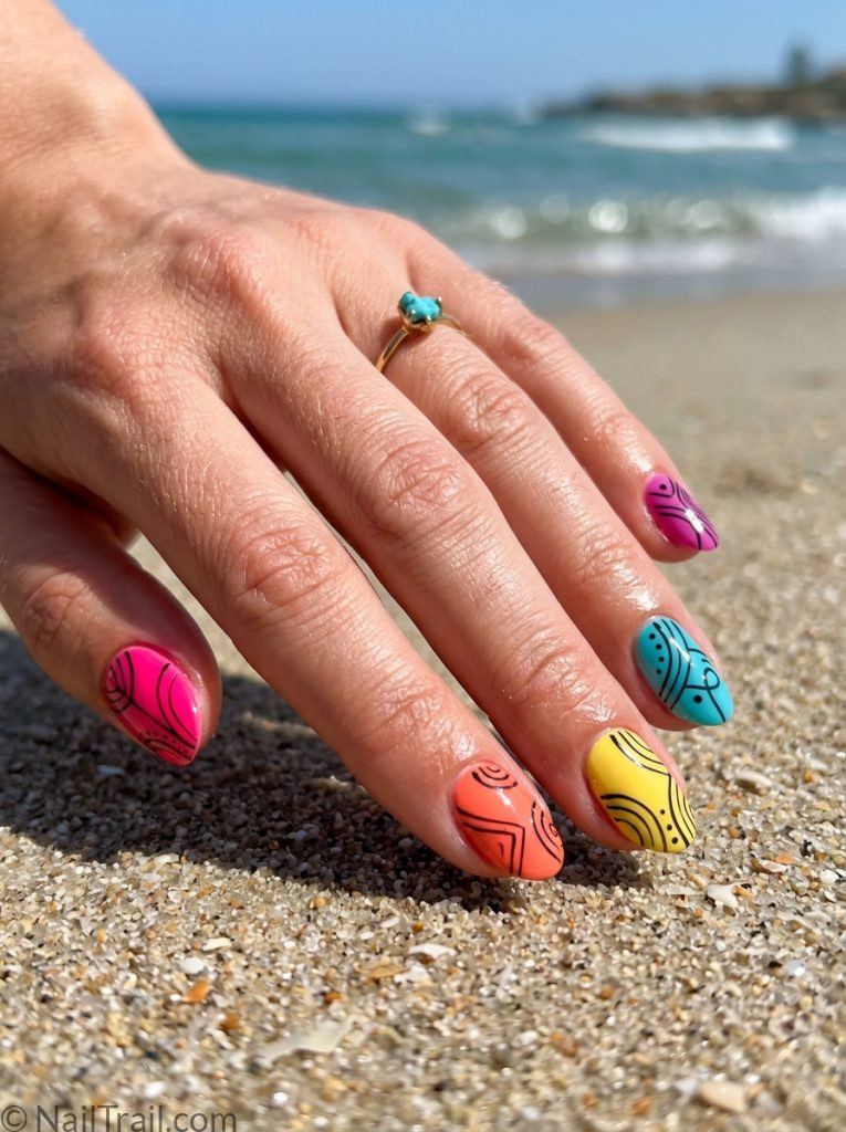 summer funky nails tropical bright pink coral orange yellow turquoise line art oval glossy