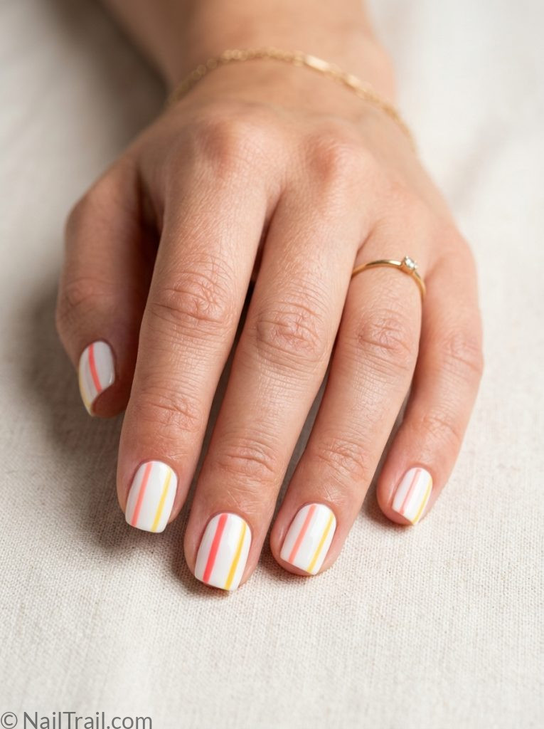easy summer nails 2026 colorful stripe coral pink yellow white short square glossy