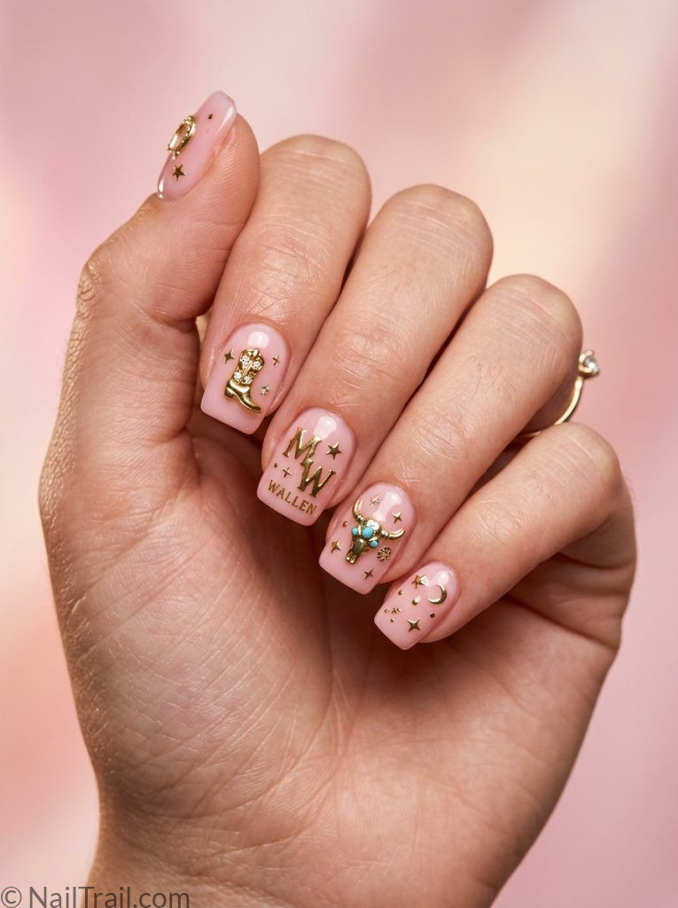 cute morgan wallen nails pink western charm star short square glossy feminine sweet