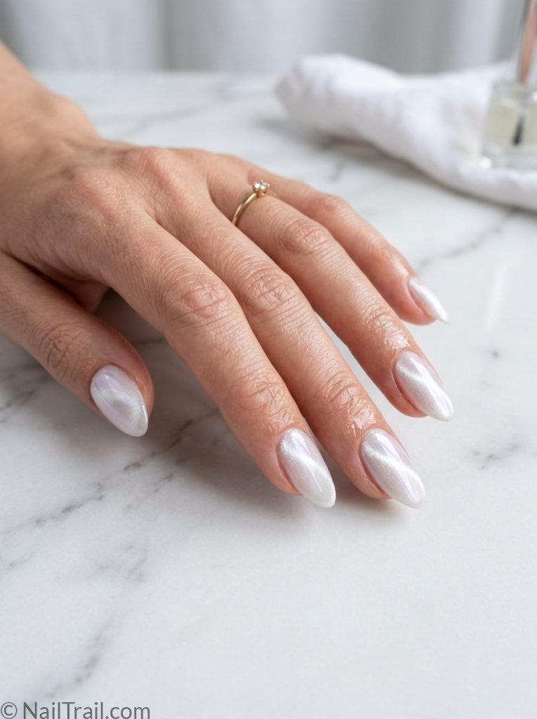 white cat eye summer nails pearl shimmer almond iridescent magnetic glossy ethereal dreamy