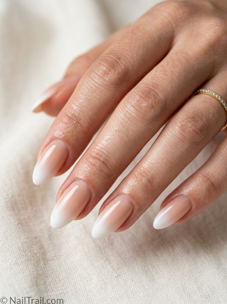 classy baddie nails nude white ombre French tip almond glossy