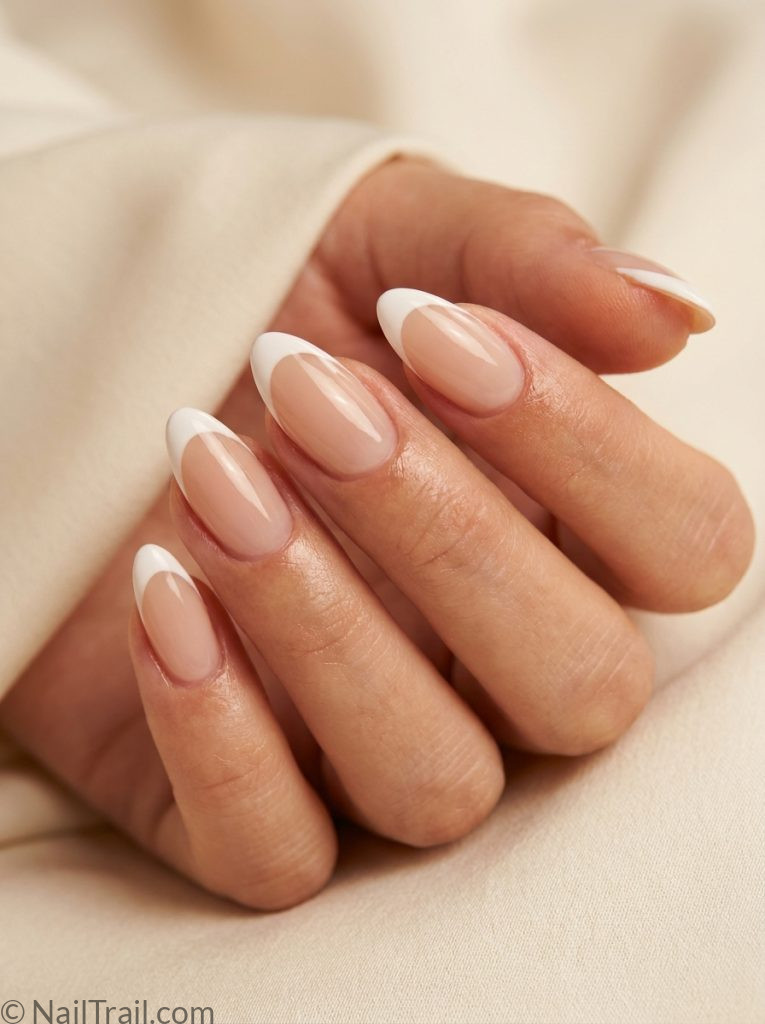 classy vacation nails nude french tip almond glossy elegant timeless sophisticated travel