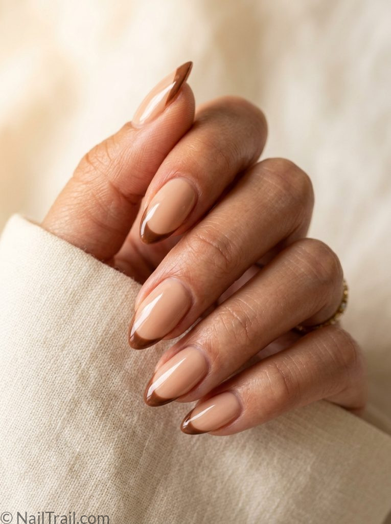 simple morgan wallen nails nude almond brown french tip glossy elegant earthy country