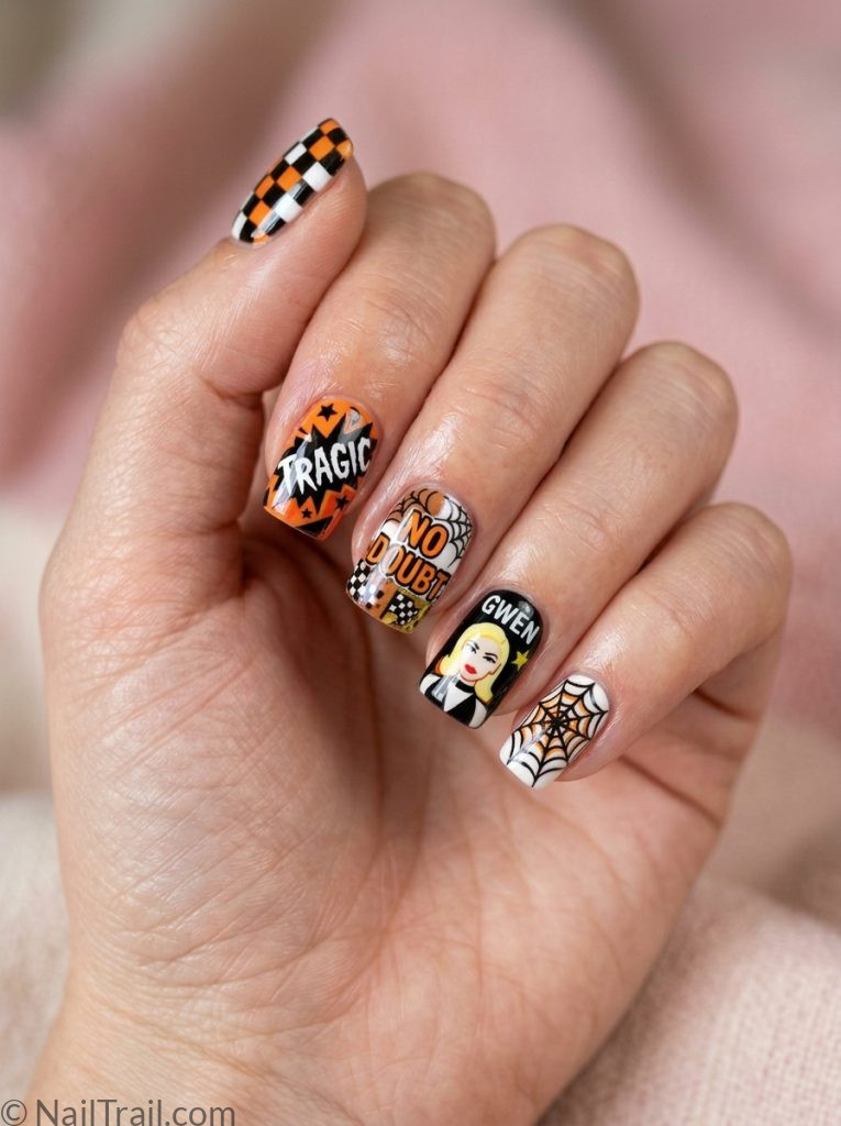 no doubt nails short square shape full gel set orange black white checkered graphic details glossy gel finish pink background