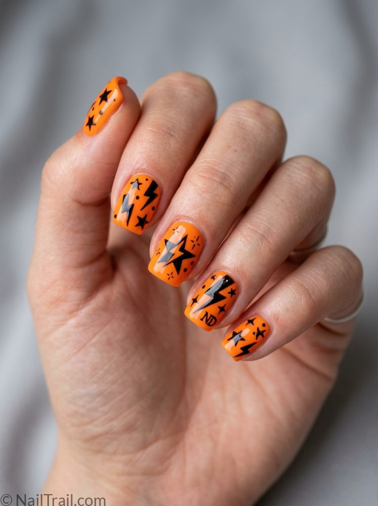 no doubt nails short square shape orange black lightning bolt star nail art design glossy gel finish grey background