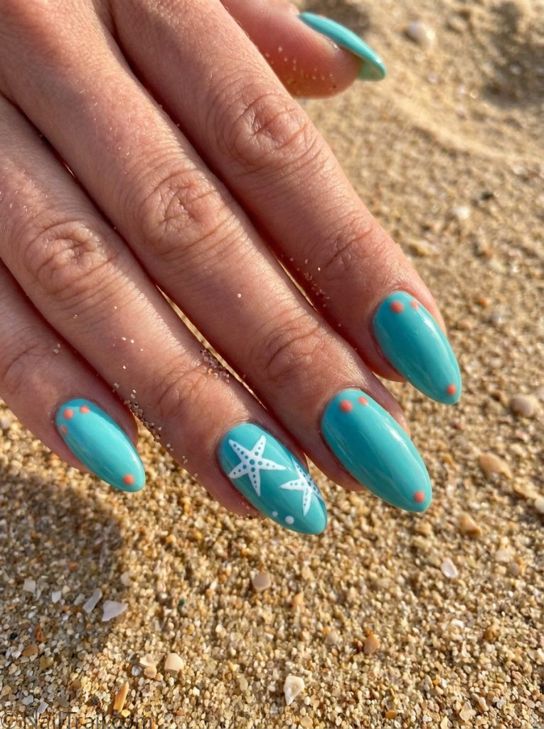 fun colorful beach nails starfish art almond turquoise white coral dots glossy playful creative